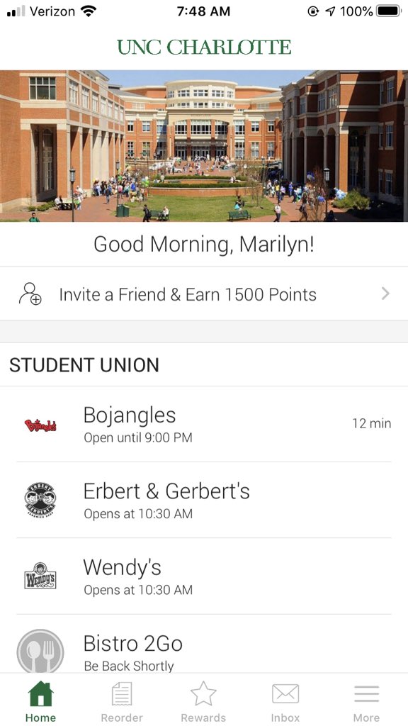 Niner_Marilyn's tweet photo. Mobile ordering is the best thing since sliced bread. I can order from my class and go pick it up when class is out! And they use DB! #UNCC24 #UNCCtransfer #Future49er https://t.co/LWfr6j9dvG