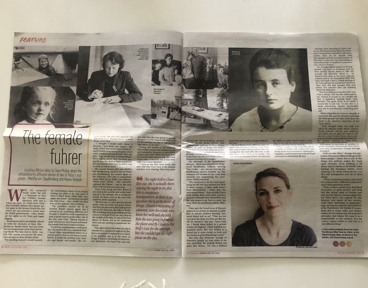 Delighted by this spread in the @WesternDaily Sat mag ahead of my talk on #TheWomenWhoFlewForHitler (one tried to save him, the other to kill him) at @TheatreRBath, midday on 5 March! #HannaReitsch #MelittavonStauffenberg @ToppingsBath @BathTourismPlus @TheatreBath @UsherTRBath