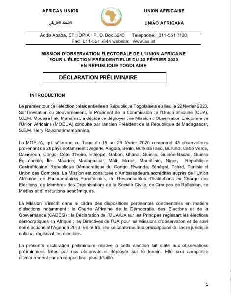 Preliminary Statement of the <a href="/_AfricanUnion/">African Union</a>
 Electoral Observation Mission in Togo