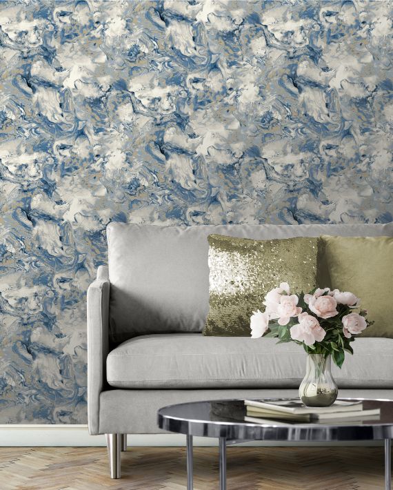 Muriva Elixir Marble Wallpaper, Stunning marble swirl pattern with Blue, Grey &amp; Ivory tones in a matte smooth finish with metallic gold highlights. Only Available at our Corby Shop @ £9.99 a roll #wallpaper #Wallpapers #homedecoration #homedecorideas #westenddiy