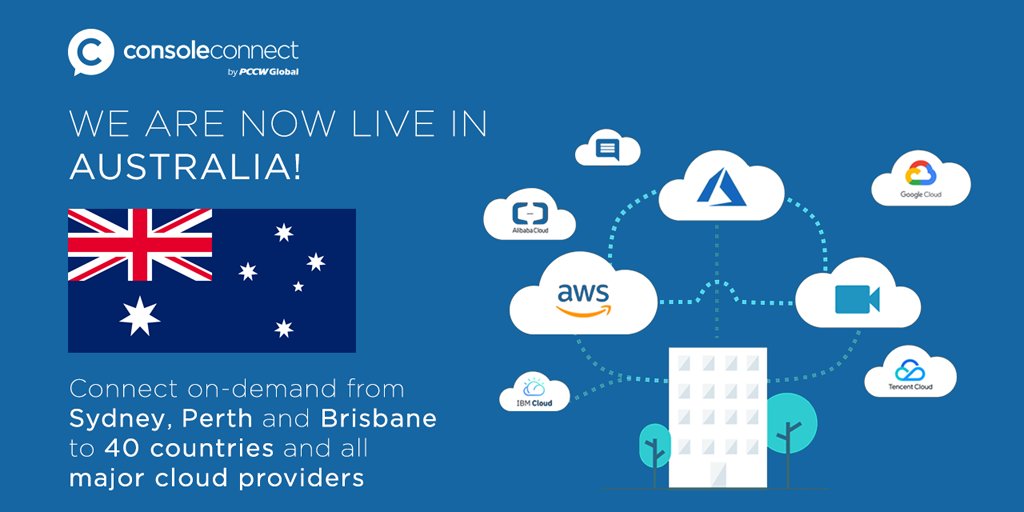 PCCWGlobal's tweet photo. Console Connect by PCCW Global is now live in Australia, making it the platformโs 40th on-net country!! You can now connect in multiple data centers in Sydney, Perth and Brisbane. Sign up here https://t.co/hBq4Aet0fu
#CCenabled #WelcomeToCCAustralia #SDN #SDI #NAAS #GetMeToCloud https://t.co/Kake35L0w4
