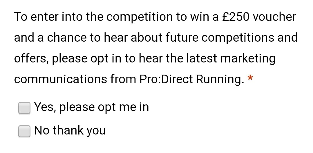 MrsTWymer's tweet photo. @ProD_Running Hi there! Disappointed to see this at the end of your survey. #GDPR laws say marketing consent should be "freely given, without... undue incentives or penalty for refusal". Competition entry is both an incentive and a penalty for refusal. Disappointing. #GDPRFail @ICOnews @DbxUK https://t.co/rCqgaGYSwe