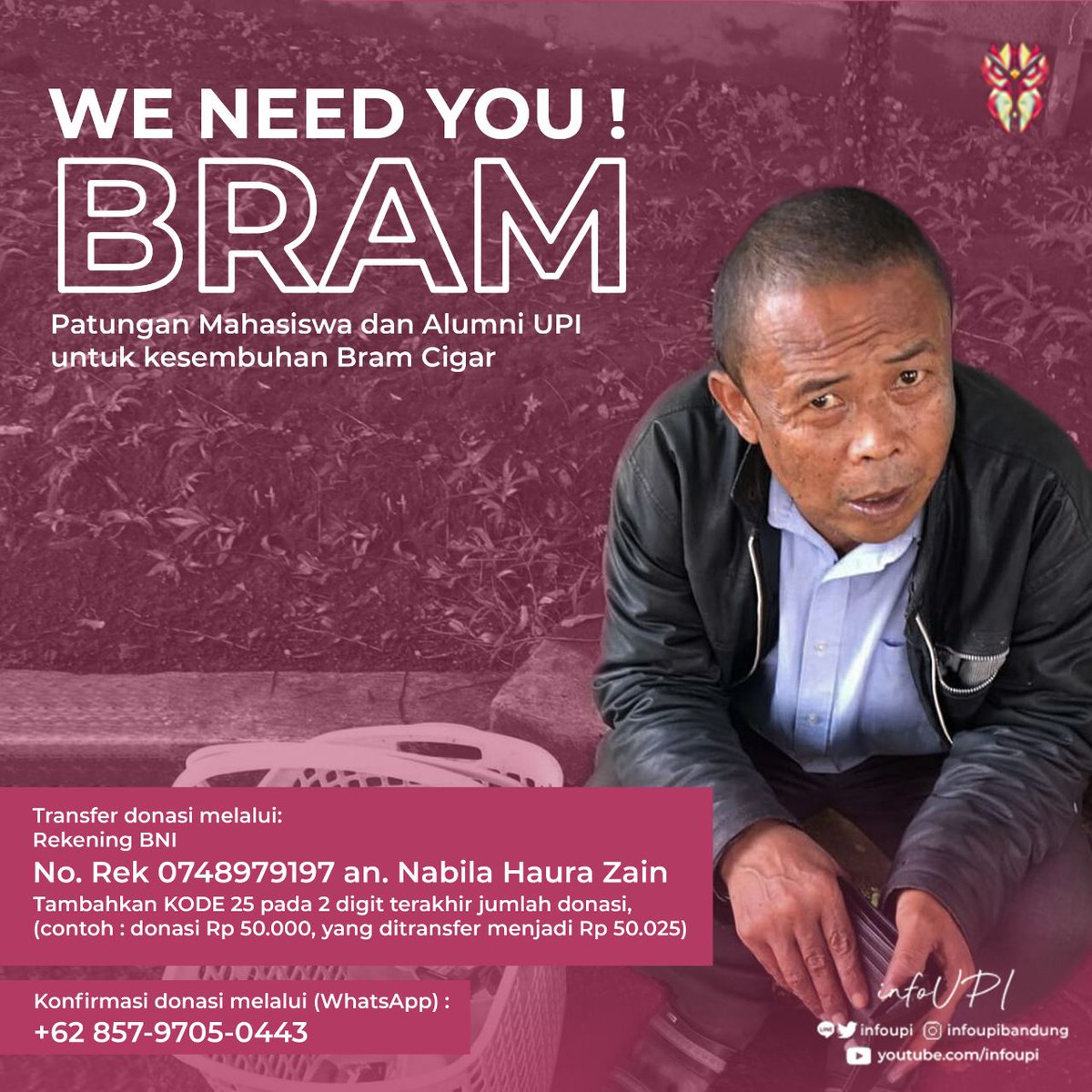 Bantuin Bram yuk Warga UPI!

Seperti kabar yang sudah beredar bahwa Bram Sekarang lagi kesulitan, dia sempat tidak tahu arah tujuan, karena kabarnya dagangannya habis digandol maling yang mengakibatkan dia tak bisa beli obat. Namun, kabar terakhir dia sudah ada di salah satu RSJ.