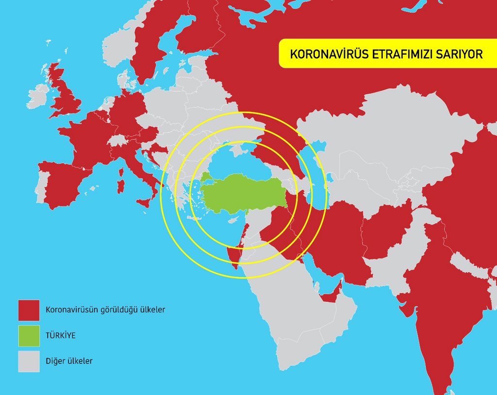 Türkiye ve corona virüsünün görüldüğü ülkeler