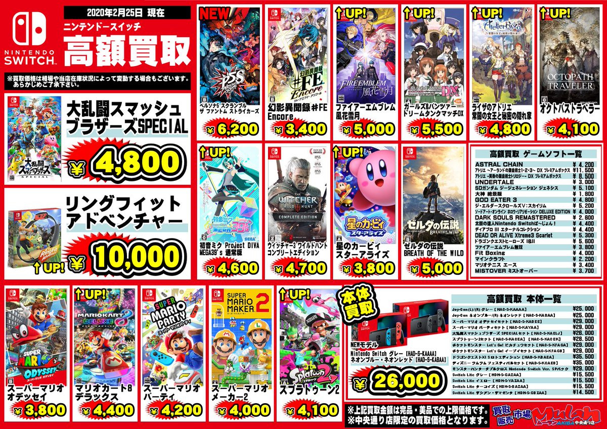 買取販売市場ムーラン中央通り店 一般 على تويتر ゲーム買取情報 2 25更新しました ニンテンドースイッチのソフト 本体強化買取 一覧です 軒並み買取価格upです ぜひお持ち込みください 秋葉原 スイッチ 買取 ゲーム 任天堂 Switch 買取販売市場ムーラン中央通り店 一般 على تويتر ゲーム買取情報 2 25更新しました ニンテンドースイッチのソフト 本体強化買取 一覧です 軒並み買取価格upです ぜひお持ち込みください 秋葉原 スイッチ 買取 ゲーム 任天堂 Switch