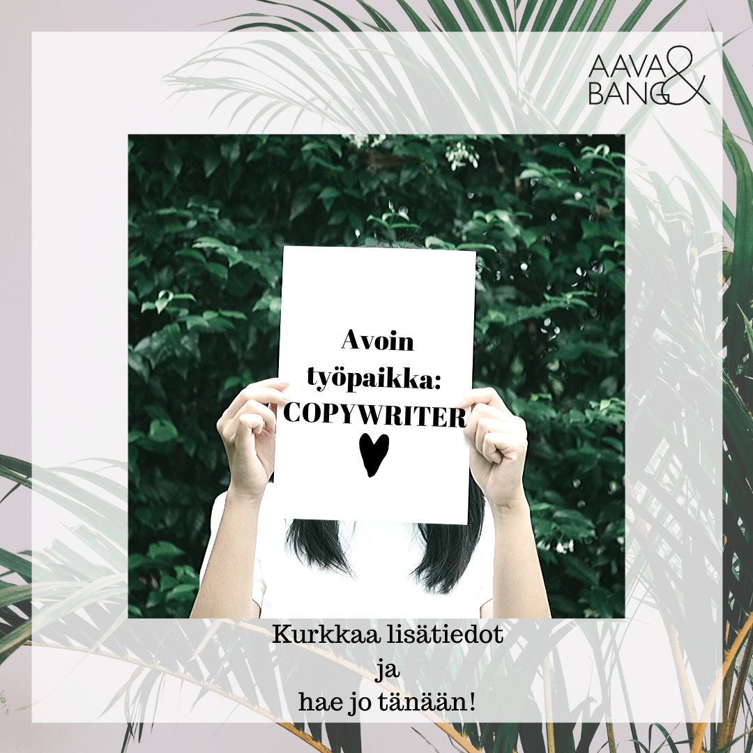 Rakastatko tekstejä ja koetko olevasi kiteytyksen mestari? 📝 Hienoa! Saatat olla juuri etsimämme henkilö! Etsimme copywriteria liittymään osaksi Bang-perhettä💛 hubs.ly/H0n94Xy0

#bangpeople #aavabang #rekry