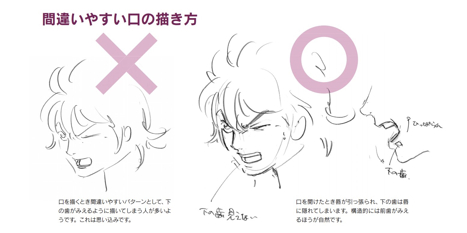 玄光社 超描けるシリーズ 在 Twitter 上 超描ネタ帳 口を開けたときの表現で間違いやすいのが歯の見せ方 下の歯が見えるように描き がちですが 実は前歯が見える方が骨格的に自然な動きとなるんです 羽山淳一さん Hayama11 著 アニメキャラクターの作画