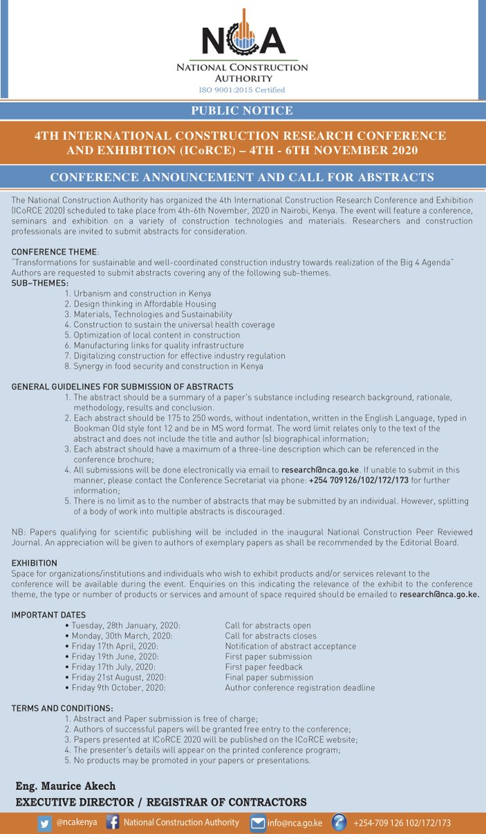 ncakenya's tweet photo. This year we will be hosting the 4th International Construction Research Conference &amp; Exhibition (#ICoRCE) on 4th-6th Nov, 2020, &amp; we are calling for papers! See poster for details. #ICoRCE2020 #ConstructionResearch <MK https://t.co/RnBC1R32EP