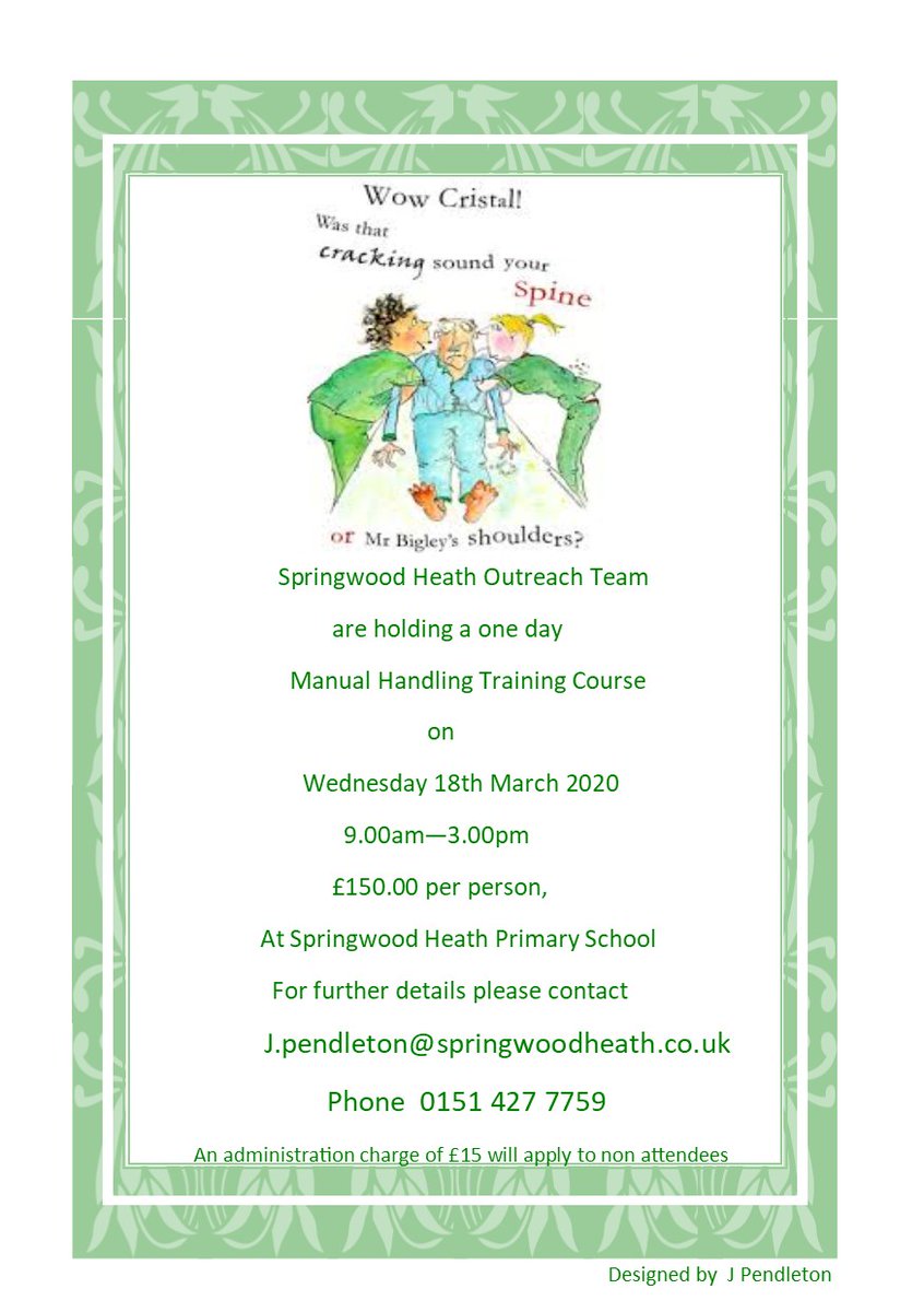 Our next full days Manual Handling Training covering Back Care, Spinal Awareness Hoists, Slings and use of safe holds.