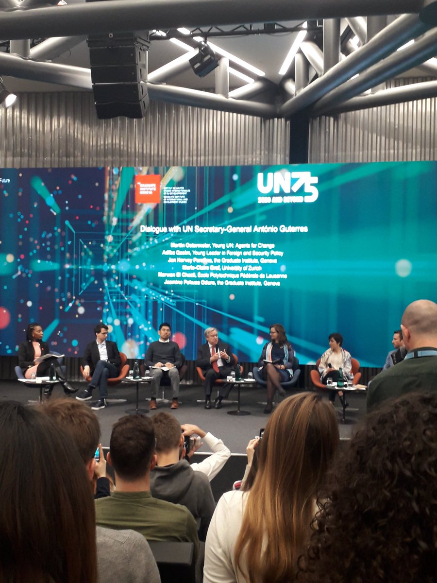 Cam_Chambinaud's tweet photo. The dialogue with @UNSG starts at @IHEID and Young UN: Agents for Change is on the panel. #UN75 #ShappingOurFuture https://t.co/gK4vTEcAJQ