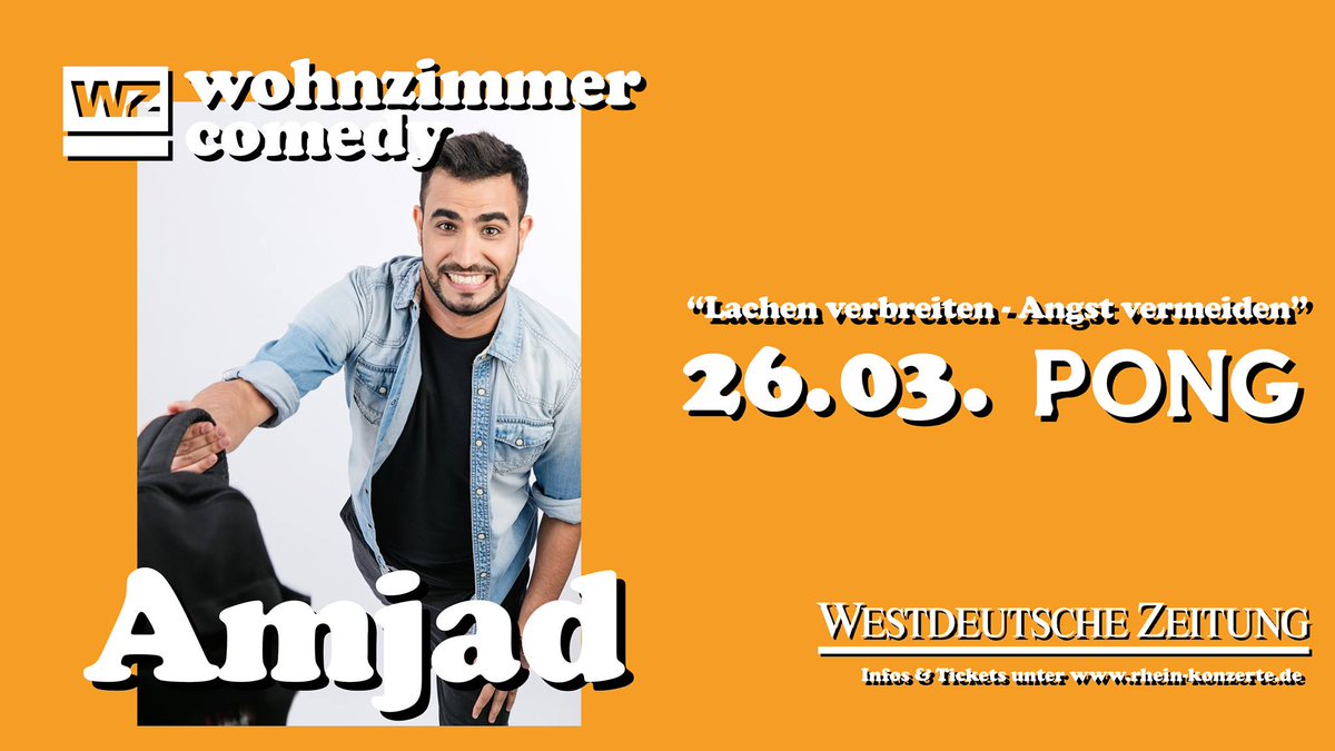 "Wohnzimmer Comedy" der <a href="/wznewsline/">Westdeutsche Zeitung</a> bei uns im PONG / <a href="/NRW_FORUM/">NRW-Forum Düsseldorf</a> #Düsseldorf - dieses Mal mit @amjad_comedy! Der Palästinenser #Amjad hat seine Mission: Lachen verbreiten, Angst vermeiden. Über die kulturellen Unterschiede arabischer &amp; deutscher Kultur facebook.com/events/5016283…