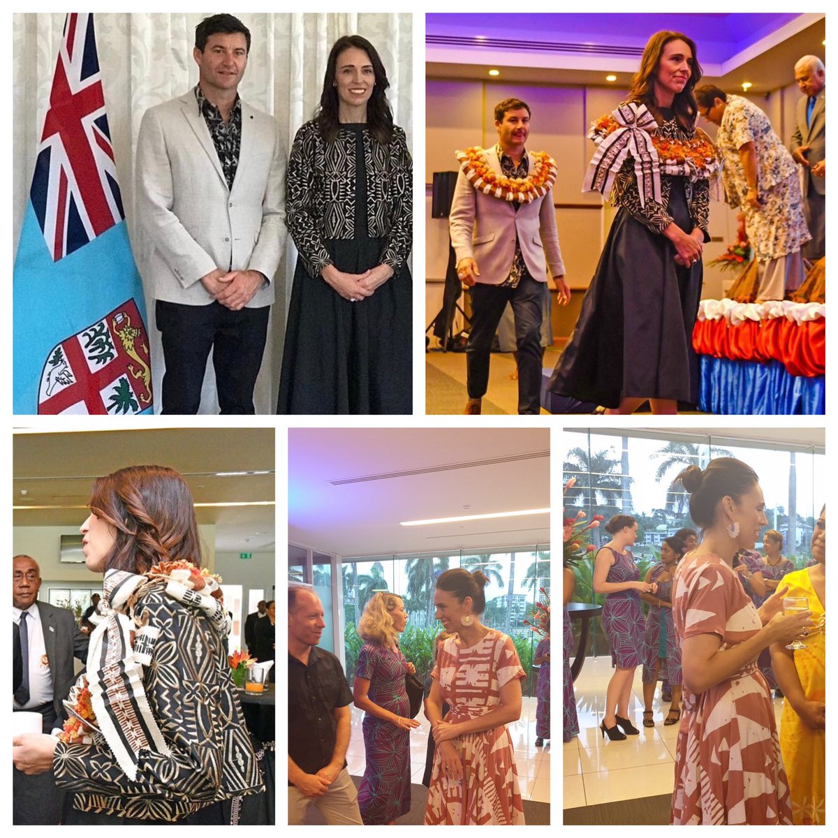 NeisauT's tweet photo. This is what #fashiondiplomacy looks like! @jacindaardern day 1 in #Fiji she’s wearing #Fijian designers #NainaFiji 'Jacinda ' jacket &amp; black sleeveless vintage dress, her partner Clarke Gayford in #RKFiji Heron Shirt &amp; @samsonleefiji #waka tea dress with matching clutch. https://t.co/6fFYWk4LQj