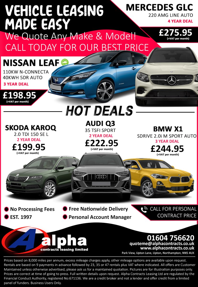 AlphaContracts's tweet image. HOT DEALS!

Looking for a new car or van? Contact us today as we can quote any make or model! 

We charge no processing fees!🙌

📞01604 756620
💻alphacontracts.co.uk

#nissanleaf #mercedesglc #skodakaroq #audiq3 #bmwx1 #carleasing #vanleasing #deals