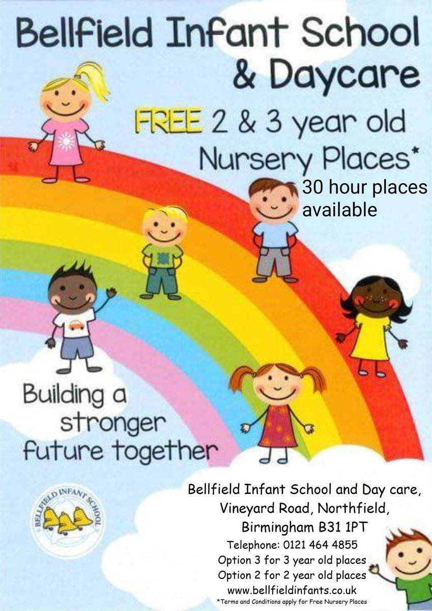 BellfieldInfant's tweet photo. Bellfield Infant School Nursery and Day care are taking applications for September 2020.

School Nursery Class - FREE 15 hour (Monday to Friday morning places) for 3 year olds
Day care - *FREE 15 hour places for 2 year olds and *FREE 30 hour places for 3 year olds https://t.co/e7ndK3vhkH