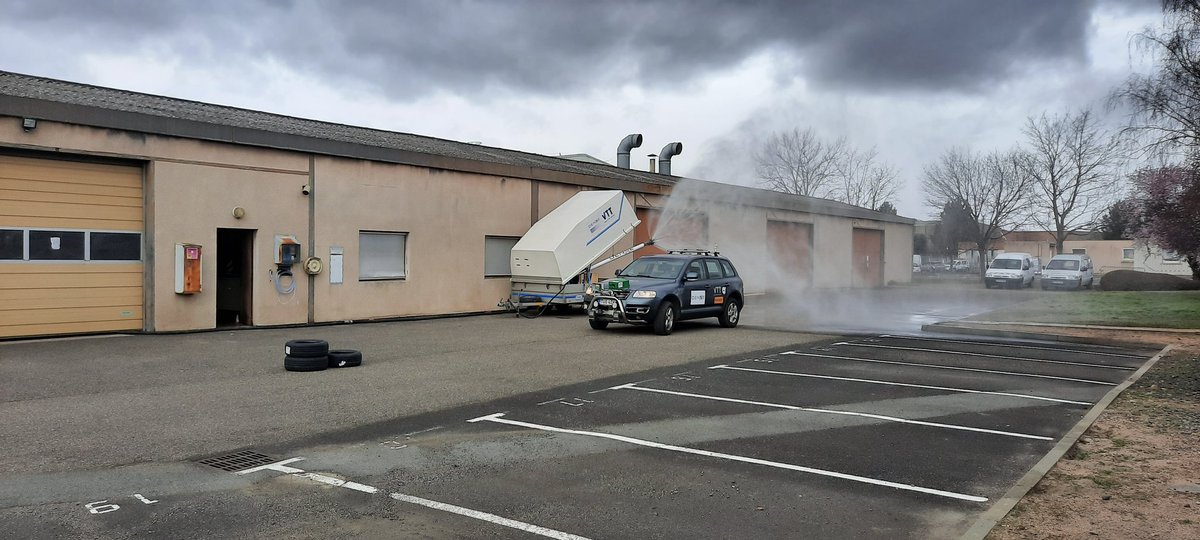 Martti and <a href="/VTTFinland/">VTT</a> #RobotCarCrew getting ready for tomorrow's #Denseproject final event. French winter (+23 yesterday) sets some challenges for our snowmachine. #StayTuned. Follow <a href="/matti_kutila/">Matti Kutila</a> as well