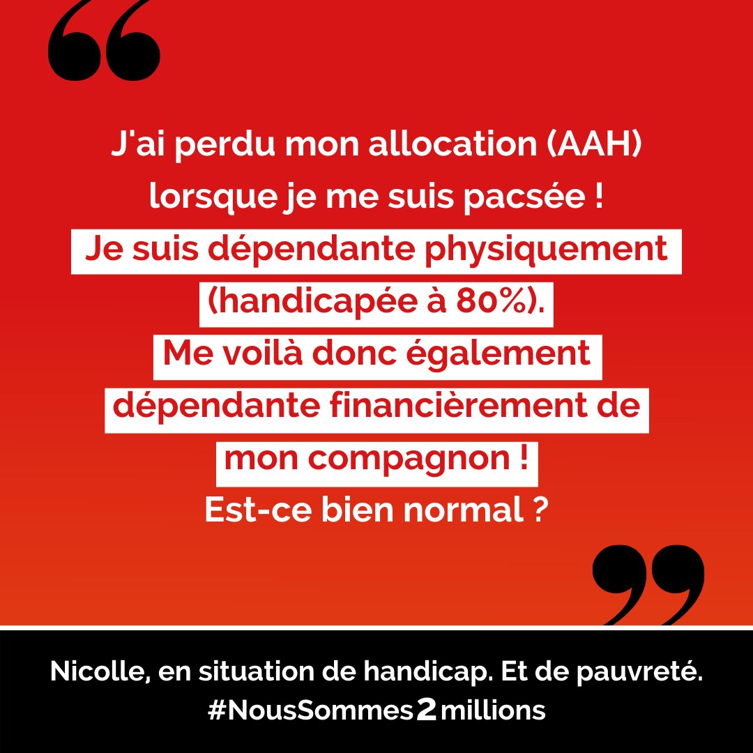 🚨Être en situation de handicap &amp; dépendre financièrement de la personne qui partage sa vie : stop à la double peine !😡
👉Nombreuses sont les personnes qui perdent leur #AAH à cause de la prise en compte des revenus de leur conjoint. Témoignez pour rendre cette réalité visible !