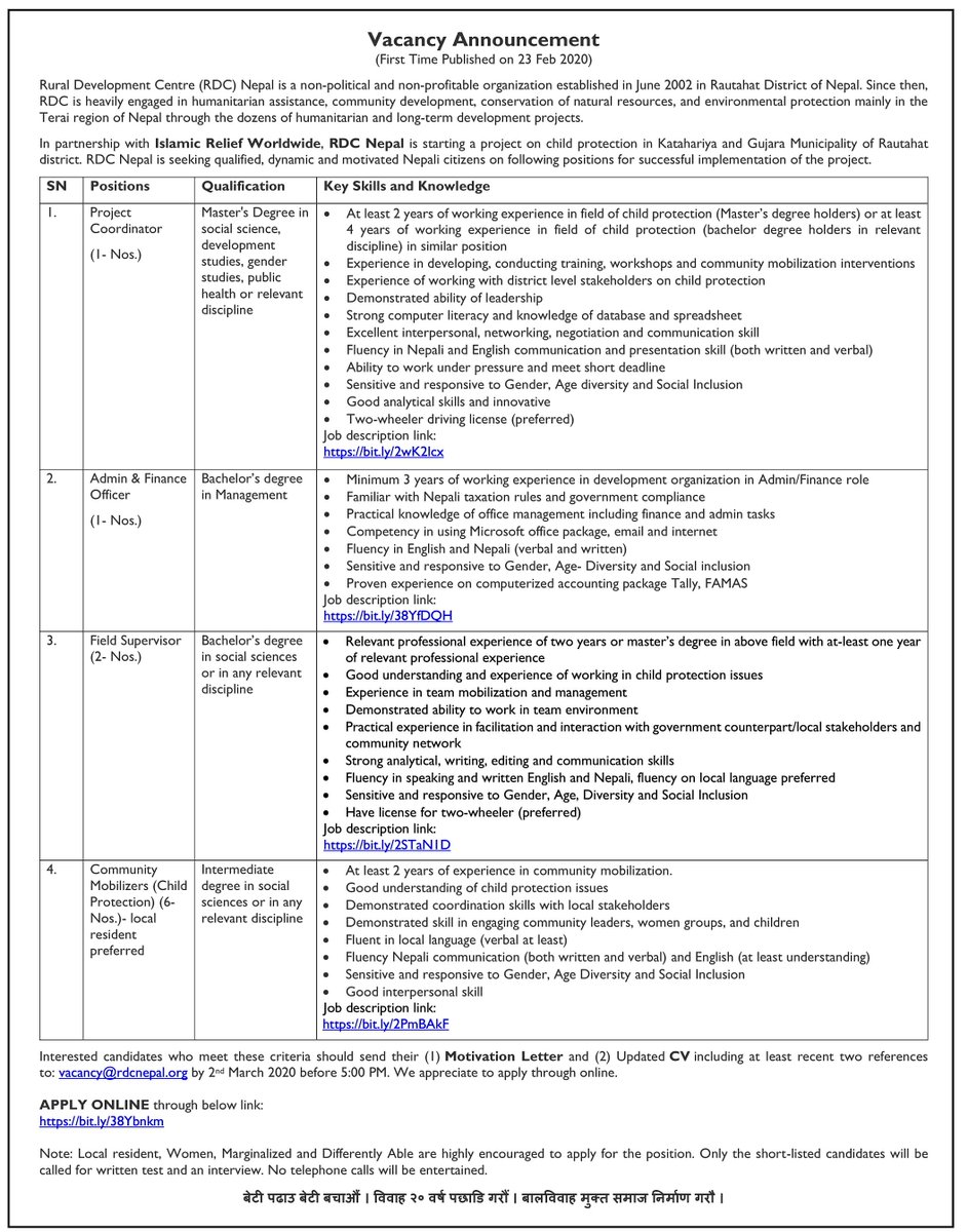 Hurry up! <a href="/RDC_Nepal/">RDC Nepal</a> is seeking qualified candidates for few positions. Apply through below link: jobsnepal.com/project-coordi…