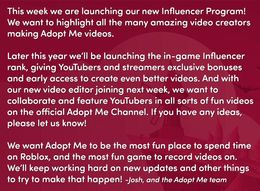 Adopt Me On Twitter Launching Later This Week If You Make Adopt Me Videos Or Streams Meet The Requirements You Can Apply To Join Our Influencer Program We Love And Support - roblox adopt me creator