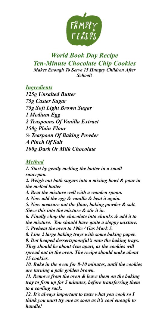 marcelafwrites's tweet photo. Our @WorldBookDayUK celebrations just got more exciting! Check out our very own WBD choc chip cookie recipe!! Perfect inspiration for our cake stand. All donations are welcome as they help @GoodrichFoG raise funds for our school! Massive thank you to Dani from #familyfeasts ๐๐ https://t.co/QsWfsxLL5E