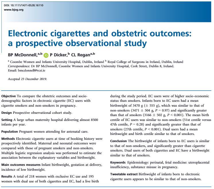 BJOGTweets's tweet photo. Featured in this week's @MHTF #MHBuzz:
Birthweight of infants born to electronic cigarette users appears to be similar to that of non‐smokers https://t.co/39z1hHtw4B https://t.co/ldCt12pWJ5