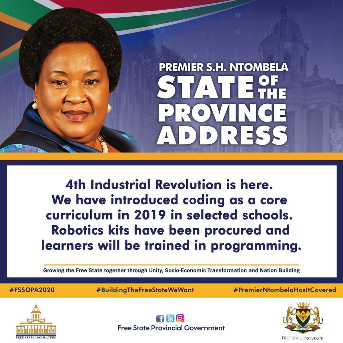 fsgov's tweet photo. Investing in the digital economy and future of our youth. #FSSOPA2020 #buildingthefreestatewewant #premierntombelahasitcovered https://t.co/UDRkjuHpLd