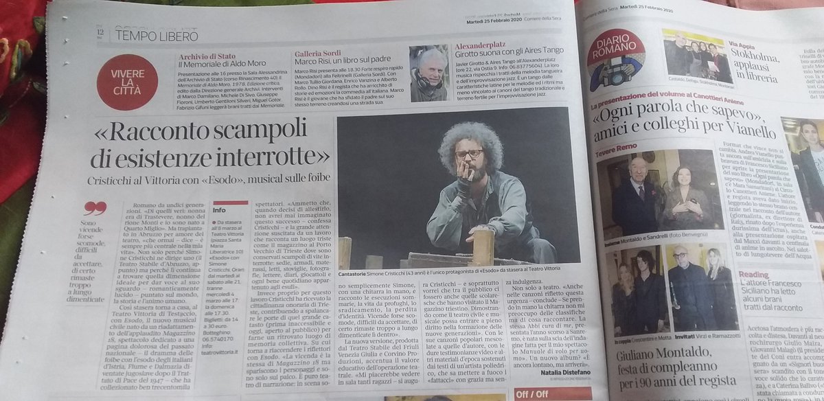 Intervista a @scristicchi sul Corriere della Sera di oggi 25 febbr.
'Racconto scampoli di esistenze interrotte'.

La prima di #Esodo a Roma questa sera al Teatro Vittoria ore 21.00.
#simonecristicchi
#Esodo2020
#simonecristicchiteatro