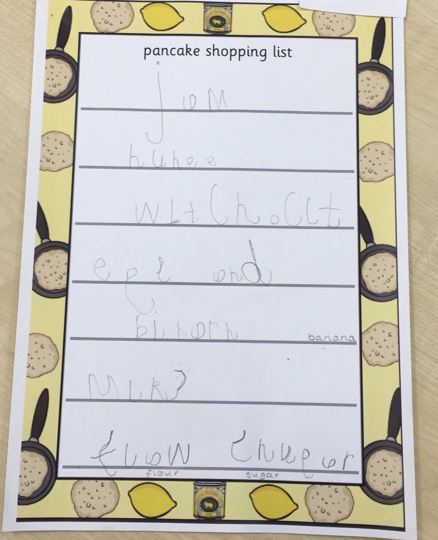 Our Reception children loved writing shopping lists for their teachers, in preparation for #PancakeDay2020 #EYFS #writers #writingforapurpose