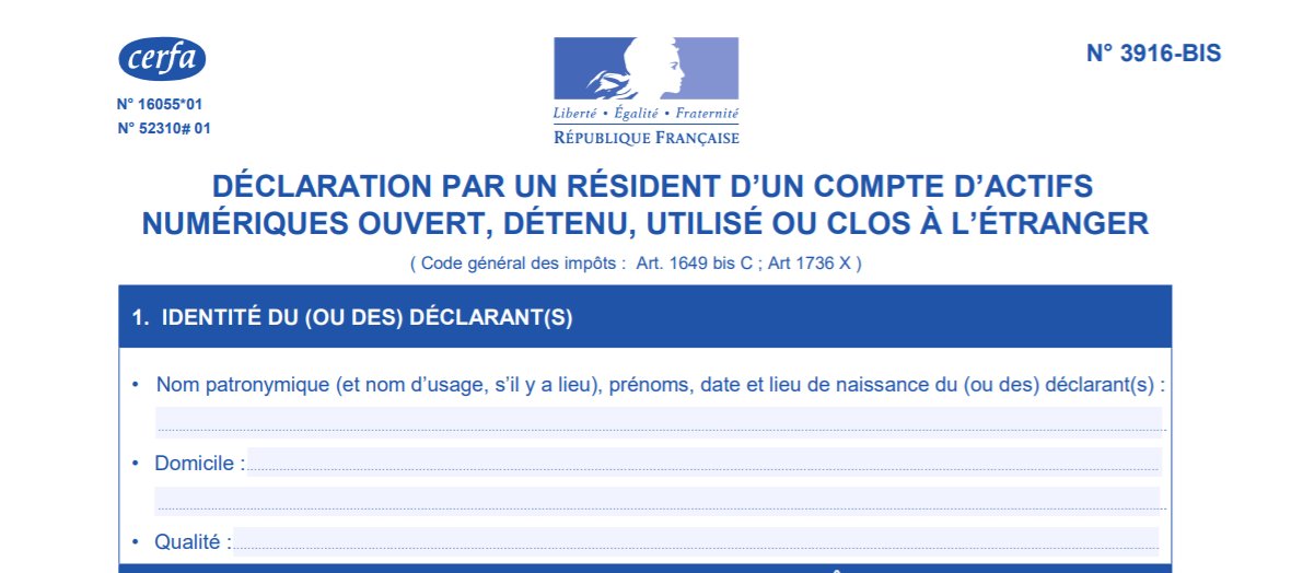 Le formulaire de déclaration de détention d'actif crypto est en ligne ! La suite logique de l'appel d'offre ministériel de l'été dernier pour la création d'outils de suivi des différentes transactions en France.  #Crypto #Blockchain 

impots.gouv.fr/portail/files/…