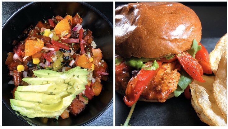 Weekly Specials:

BBQ Quinoa Bowl (V/NV): BBQ Pork or V Pork Rib, Quinoa, Lemon Rice, Black Beans, Corn Salsa, Oranges &amp; Beet Slaw (Optional: Add Avocado*) *pictured.

Slam-on Sandwich (NV): Marinated Salmon, Roasted Red Pepper, Arugula &amp; Basil Cashew Pesto on a Bun w/ Chips.