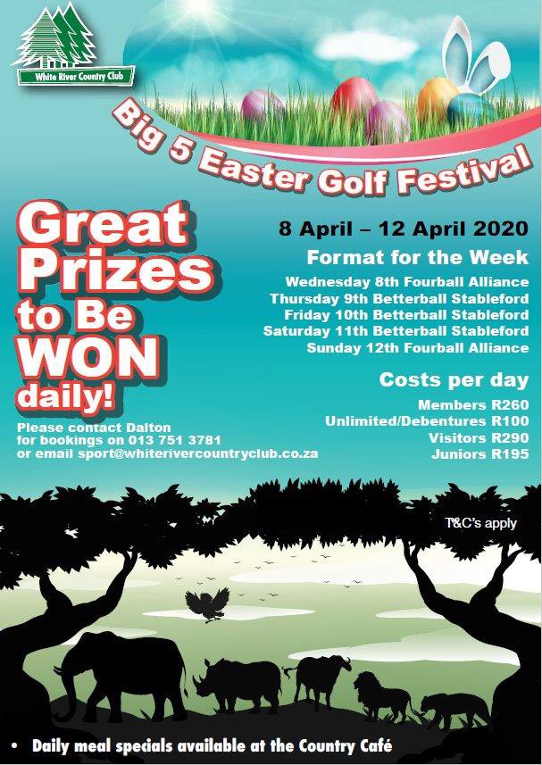 Make sure you book your trip to the Lowveld this Easter. Pack your clubs in and make sure you play in our Big 5 Easter Golf Festival en route to the Kruger Park. Great atmosphere,Golf, Entertainment and Prizes will be on offer.