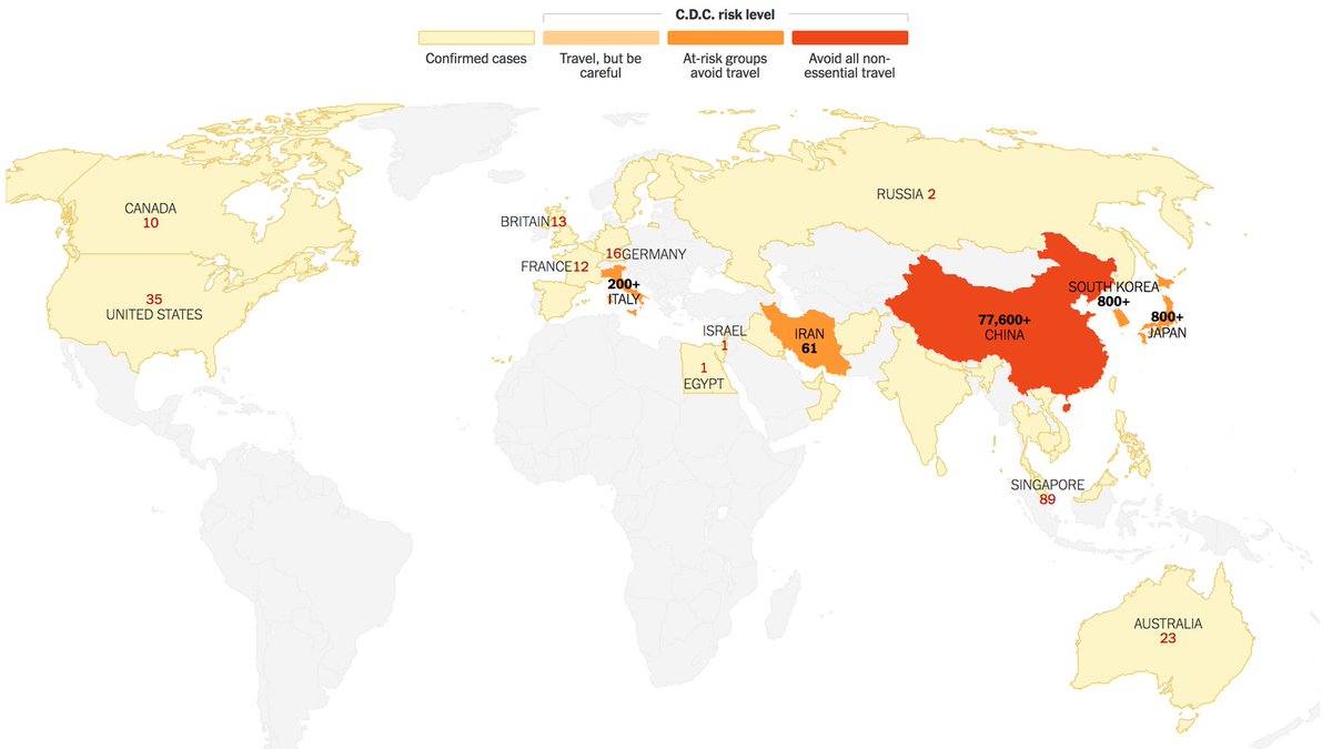 Prof Peter Hotez MD PhD (@PeterHotez) on Twitter photo 2020-02-25 10:42:30 Our global #SARSCoV2 #sars2 #coronavirus map today (@nytimes). Perhaps what's interesting is all that gray (or grey if you're in the UK) in the #MiddleEast #NorthAfrica in between/around #Italy and #Iran. Hard to know what might be happening in Syria, Iraq, Libya, Pakistan, etc. Our global #SARSCoV2 #sars2 #coronavirus map today (@nytimes). Perhaps what's interesting is all that gray (or grey if you're in the UK) in the #MiddleEast #NorthAfrica in between/around #Italy and #Iran. Hard to know what might be happening in Syria, Iraq, Libya, Pakistan, etc.