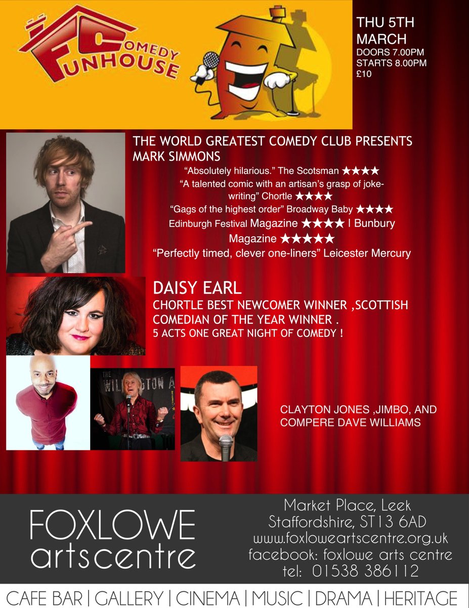 <a href="/leekcomedyclub/">Leeks Secret Comedy Club</a> <a href="/funhousecomedy/">Funhouse comedy</a> <a href="/JokesWithMark/">Mark Simmons: UK Tour Now On Sale</a> <a href="/DaisyEarl3/">Daisy Earl</a> <a href="/clayton13jones/">Clayton Jones</a> <a href="/standupdavew/">Dave Williams</a> 
THURSDAY 5TH MARCH LIVE STAND UP COMEDY