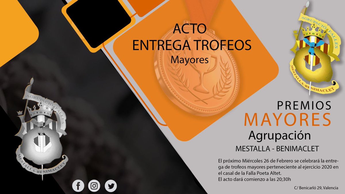 🏆 Demà en la Falla Poeta Altet Benicarló realitzarem l’entrega de trofeus majors de l'agrupació de les falles 2020 🏆