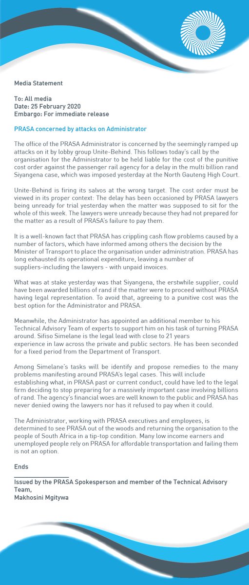 ❗️MEDIA STATEMENT❗️

PRASA concerned by attacks on Administrator.

#FixingPRASA