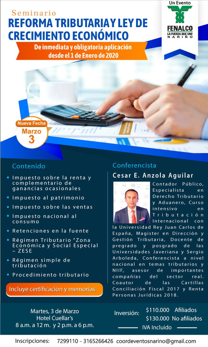 FENALCON's tweet photo. ¡Agendate para el día martes 3 de marzo! Seminario de reforma tributaria y ley de crecimiento económico. ¡Te esperamos! #FENALCONARIÑO https://t.co/KJ2bkCdmfg