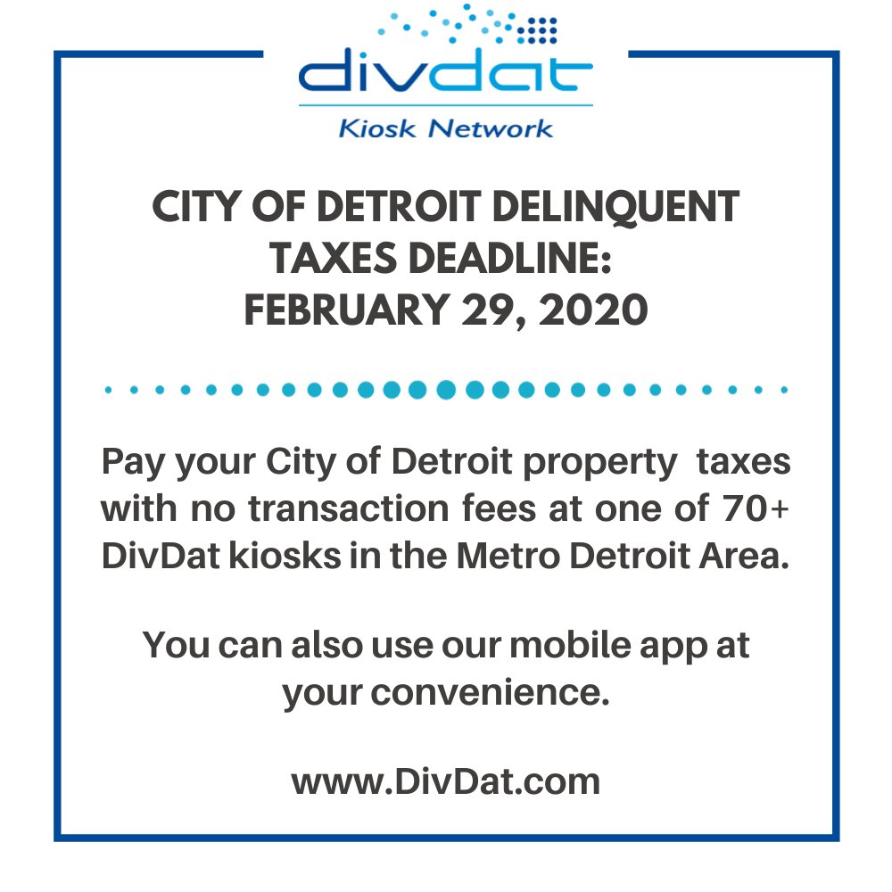 DivDatKiosk's tweet image. @CityofDetroit delinquent #taxes are due this Saturday.
Are you planning to submit your payment soon? You can do so conveniently at our kiosks or through our mobile app.

📍 Locations: bit.ly/ddkiosks
📲 Download the App: bit.ly/divdatapp

#Detroit #DivDat #billpay