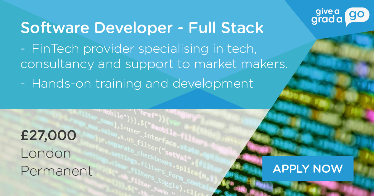 giveagradago's tweet image. Work with ex-Barkley directors with clear and defined success in this industry - perfect for a graduate developer!
Graduate Software Developer - Full Stack - London, £27,000
#LondonJobs #GraduateJobs #GraduateSoftwareDeveloper #FullStack
hubs.ly/H0n93X_0