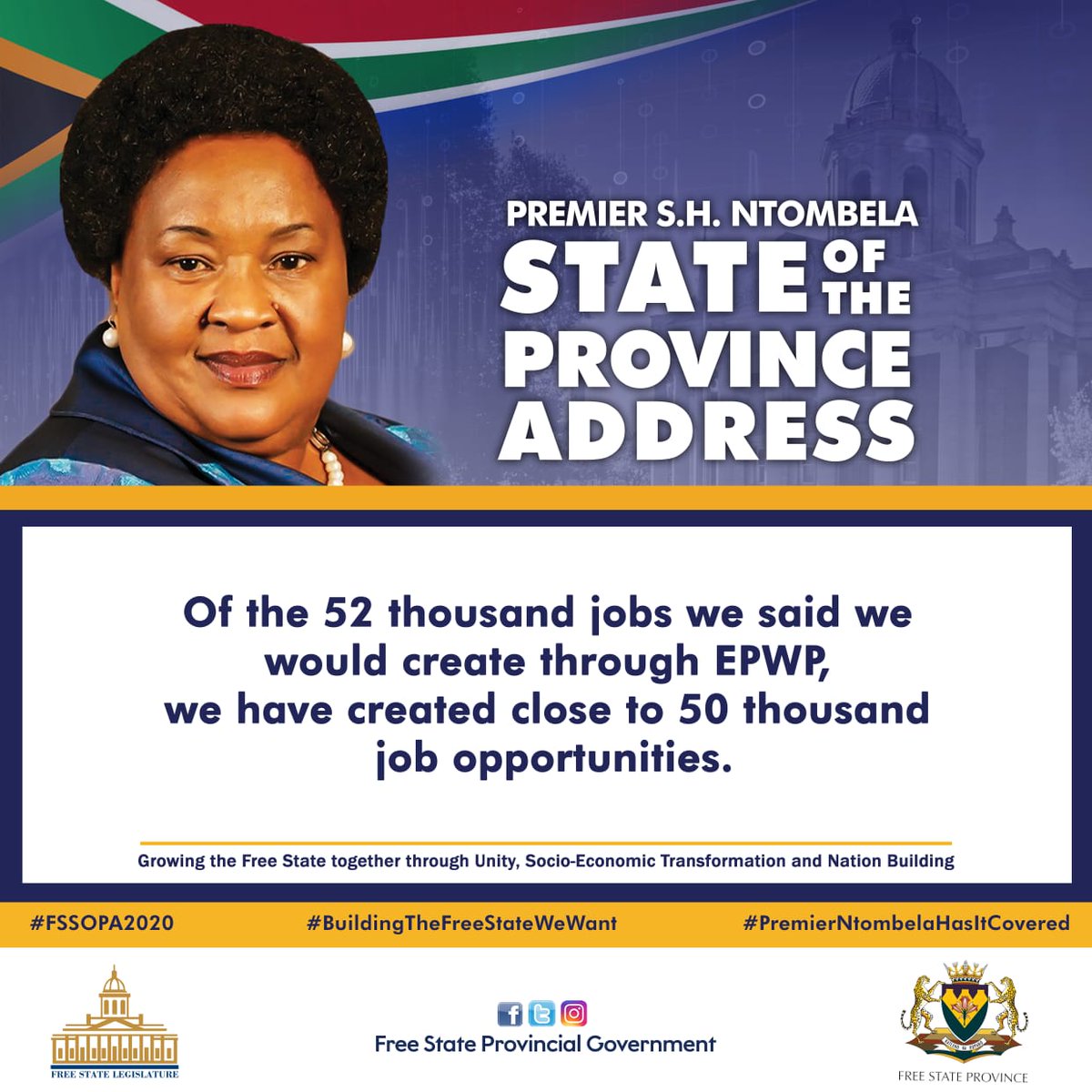 fsgov's tweet photo. Expanded Public Works Programme remains the chief architect of job creation and poverty alleviation within our communities. #FSSOPA2020 #buildingthefreestatewewant #premierNtombelahasItcovered https://t.co/2VM7YRrQVV