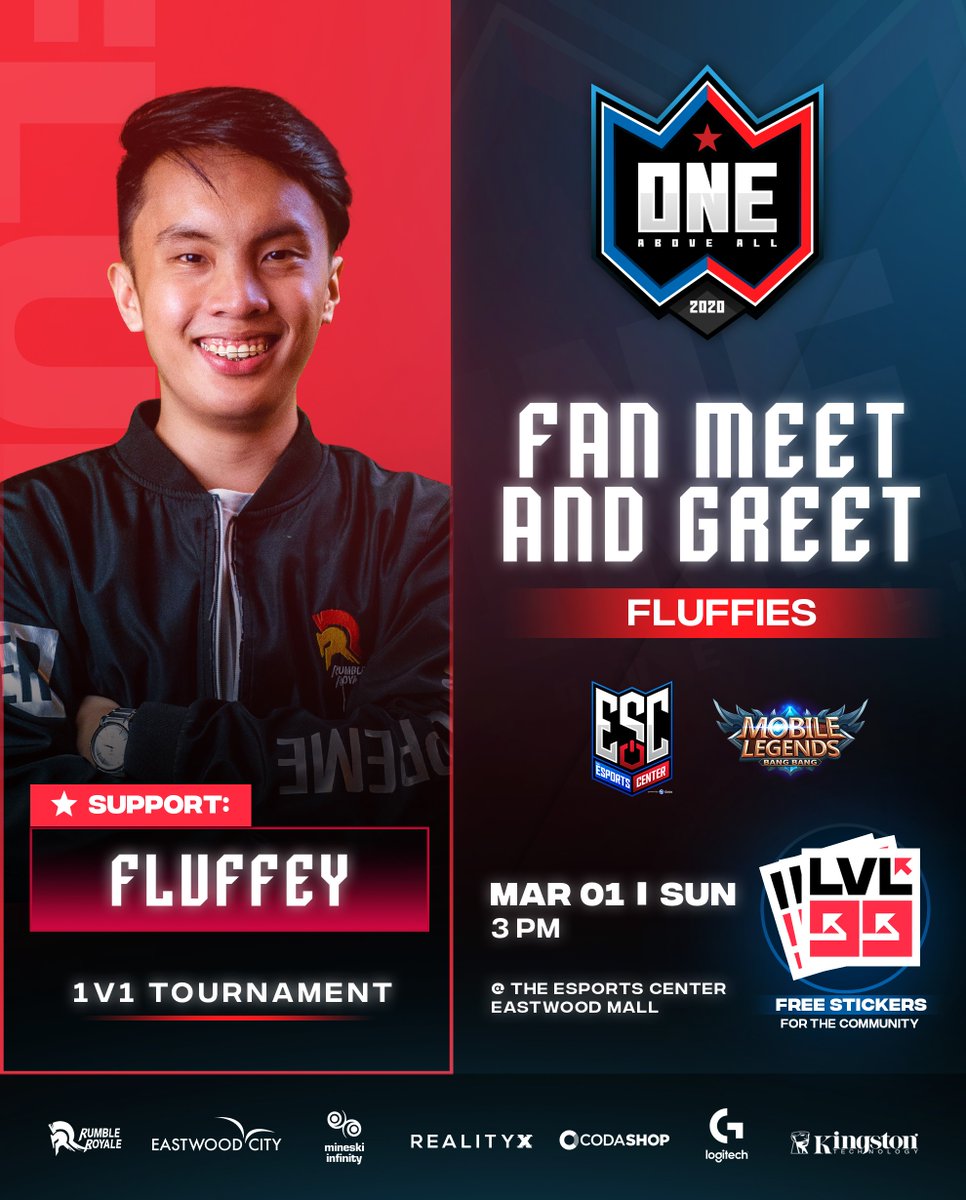 RumbleRoyalePH's tweet photo. #FLUFFIES got your back #Fluffey sa 1v1 #MobileLegends Match ngayong Linggo, Mar 1, 3pm @ #TheESC, Eastwood Mall! π₯
#FREE #LVL99 stickers at pwede manalo ng #LogitechG, #Kingston at #Codashop premium items!
#REIGNSUPREME! π
#easytopupcodashop
#PlayLearnCompete
#EsportsForAll https://t.co/RwPvWmX8y4