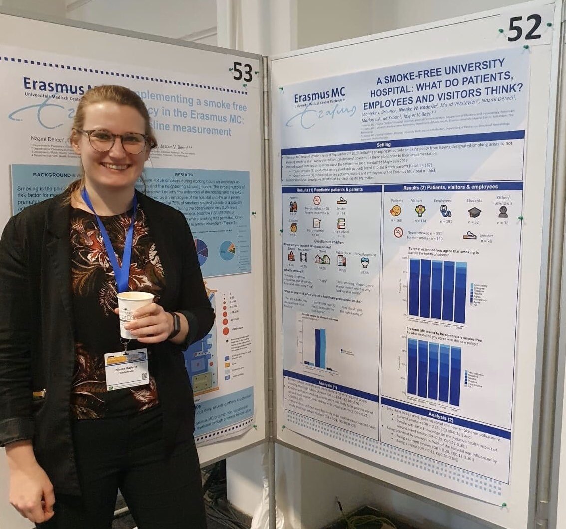 ErasmusMCPH's tweet photo. Smoke free zones are increasingly implemented in NL. @NBoderie presented her work on support for implementation of a smoke free zone @ErasmusMC. The majority of patients, visitors and employees were in favour of the smoke free zone! [2/n] #ectoh2020 @ECToH https://t.co/f99yl4xWMX