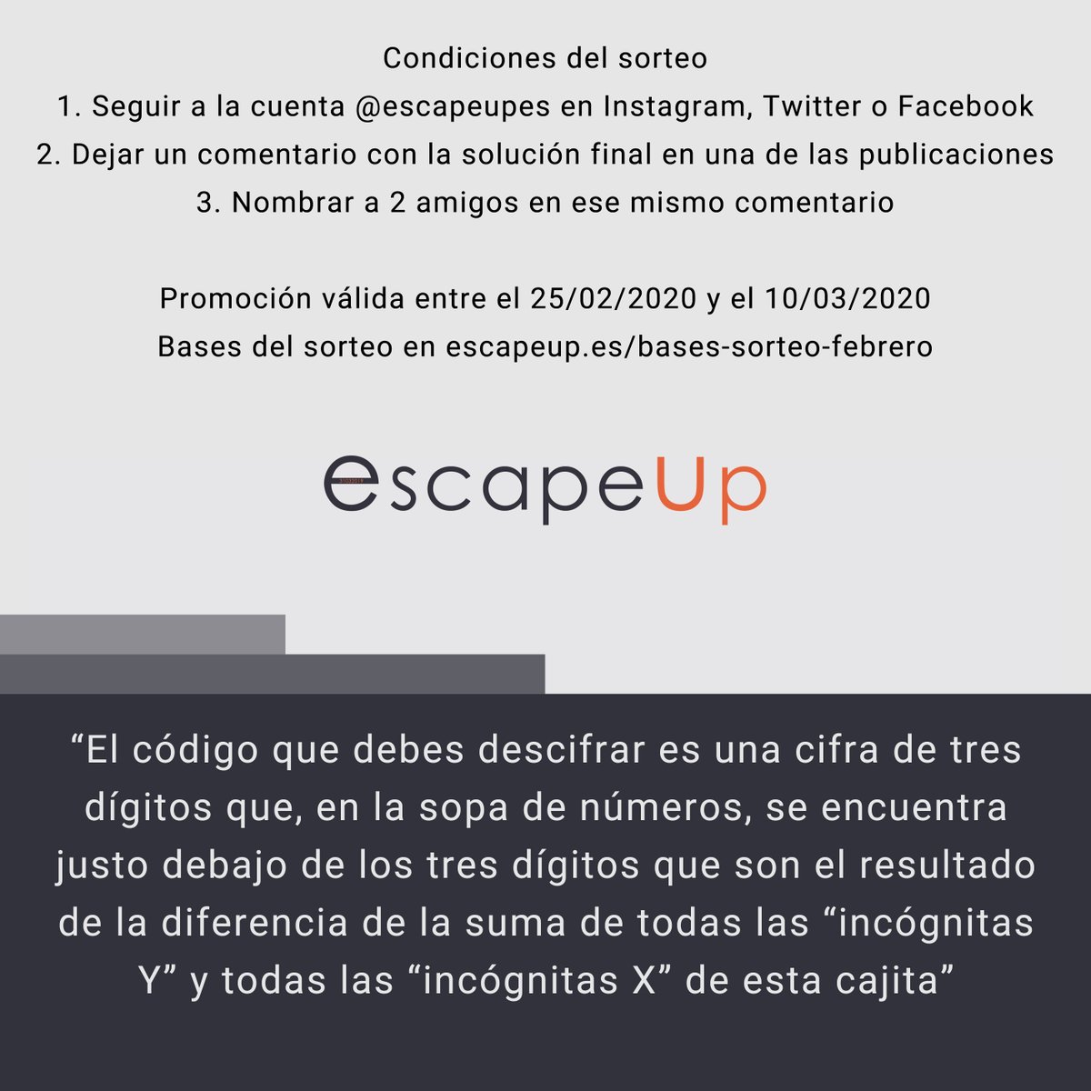 EscapeUpES's tweet photo. Para celebrar el lanzamiento de la nueva web, os dejamos este pequeño juego con detalle sorpresa para el ganador del #sorteo. ¡Resuelve el enigma y participa! #SorteoTwitter #Juego #Acertijo #EscapeRoom #SalaDeEscape https://t.co/BtUSq3Hqj2