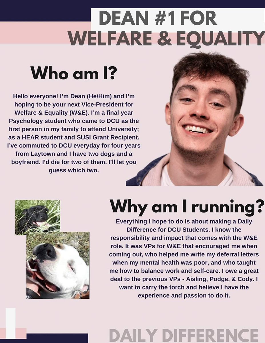 DeanWelfareDCU's tweet photo. π Vote Dean #1 for Welfare & Equality DCUSUπ
So excited for our campaign to launch today! Looking forward to making a daily difference for DCU students.
#DCUSUVotes #DailyDifference https://t.co/xNgZaOqskf