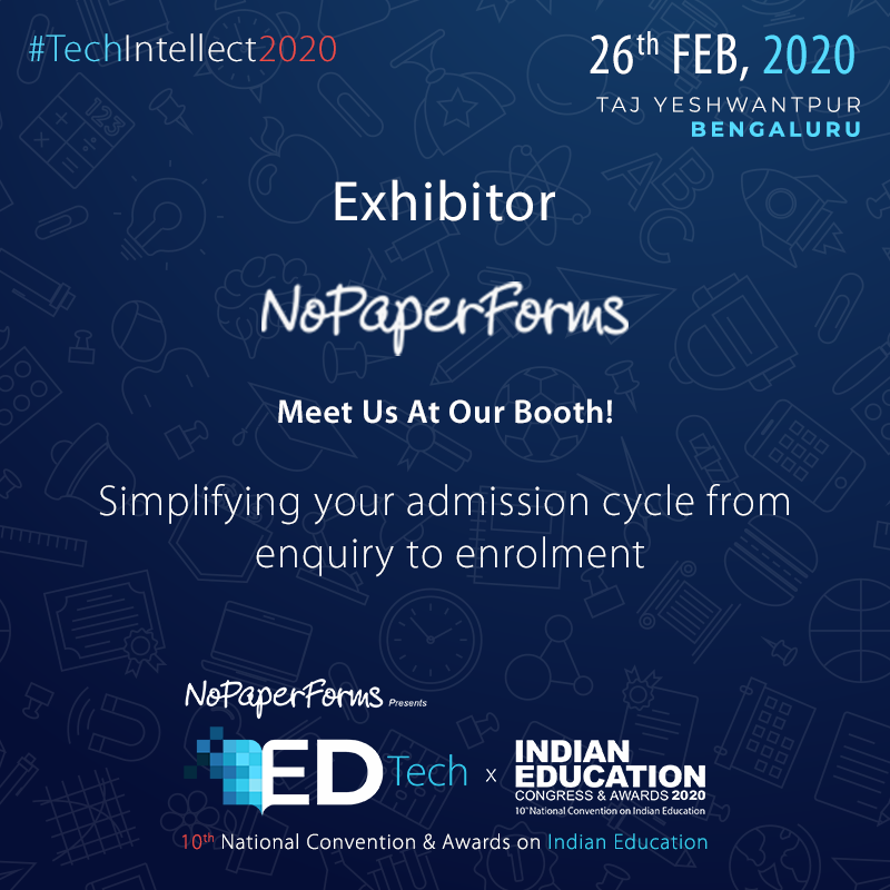 EntrepEducation's tweet image. Meet @nopaperforms1, country’s largest and only comprehensive Online Enrollment Automation Platform. 
Join us at Indian Education Congress &amp;amp; Awards 2020 and experience the difference. 

Register now at bit.ly/2vlI1NI 

#IEC2020 #techintellect2020 #education #Bengaluru