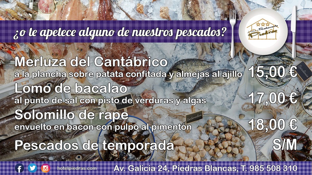 Menú 👩‍🍳 martes 25/2/2020 ▶️ 10,00€
PRIMERO A ELEGIR
Garbanzos con pisto
Tosta de Antroxu
Ensalada de salmón
SEGUNDO A ELEGIR
Parrochas fritas
Escalope de cerdo
INCLUYE
Postre casero, pan, bodega
🚗 goo.gl/maps/TTFf94Ga4…
#menupiedras
#menuaviles
