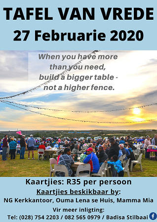 Stilbaai's unique event, the 'Tafel van Vrede' (The Peace Table) is coming up on Thursday, 27 Fe. 2020 - when the communities of Stilbaai, Melkhoutfontein &amp; Jongensfontein eat together. 
More here: facebook.com/BadisaStilbaai
#badisastilbaai #badisawesterncape #tableofpeace