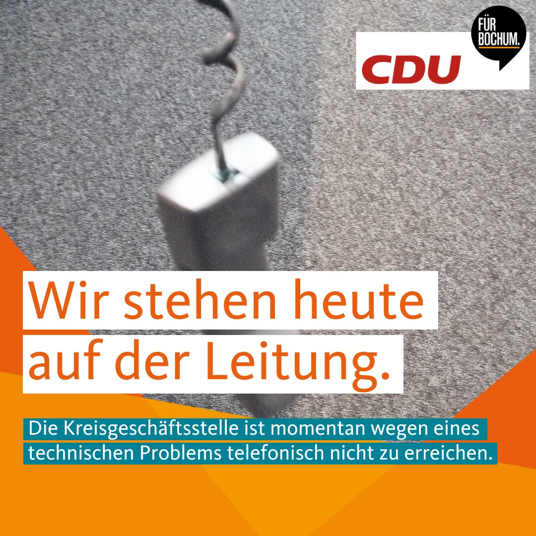 Die #Kreisgeschäftsstelle der #CDU #Bochum zurzeit wegen eines Problems unseres Telefonanbieters telefonisch nicht erreichbar ist.
Das betrifft auch unsere Hotline und unsere Faxnummer.

Twitter geht aber! #neuland