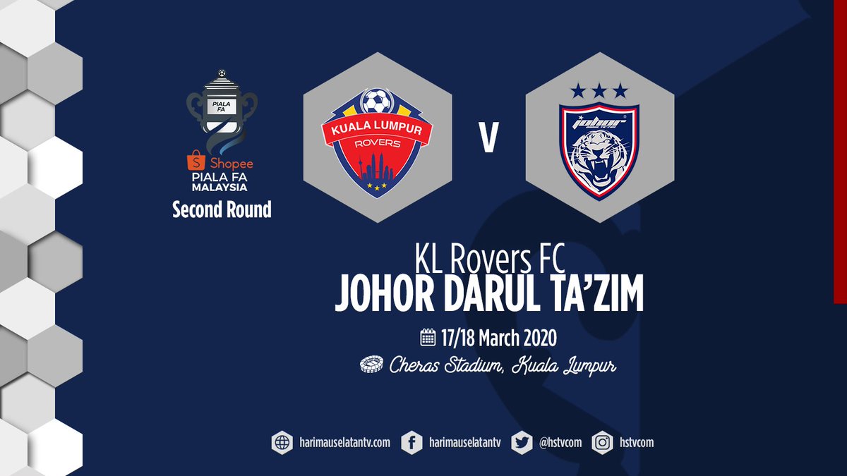 hstvcom's tweet photo. Keputusan undian pusingan ke-2, saingan Shopee Piala FA Malaysia.
KL Rovers vs Johor Darul Ta'zim
17 atau 18 Mac 2020
Stadium Cheras, Kuala Lumpur
#ShopeePialaFA #ShopeeFACup #hstvcom https://t.co/nXWKhRURvC
