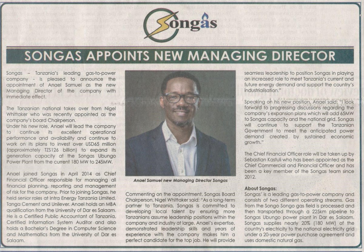 Globeleq's tweet image. Globeleq is pleased to announce the appointment of Anael Samuel as Songas Managing Director!  Congratulations Anael!!