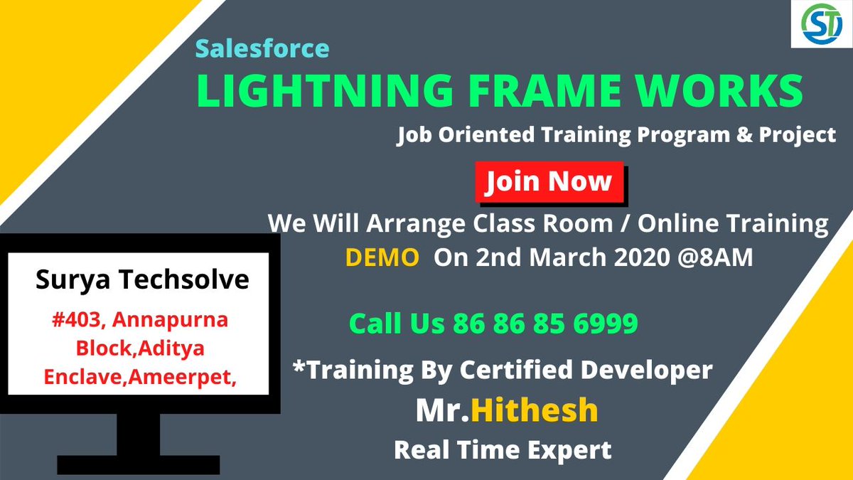 STechsolve's tweet image. Lighting FrameWorks Training Institute In Ameerpet Hyderabad

Training By Certified Developer By Mr.Hithesh Real Time Expert

Demo Start From 2nd Mar 2020 @8AM
For More Details :86 86 85 6999
Visit:suryatechsolv.com
 #salesforce #lightningframework #TuesdayThoughts
