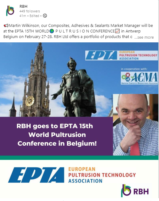 rbh_ltd's tweet photo. Martin Wilkinson goes to EPTA. RBH Ltd offers a portfolio of products that offer performance benefits in pultrusion systems including the Lindau range of fully formulated anhydride solutions. If you want to find out more or you have any questions, please feel free to contact us. https://t.co/4br8jKPK3f